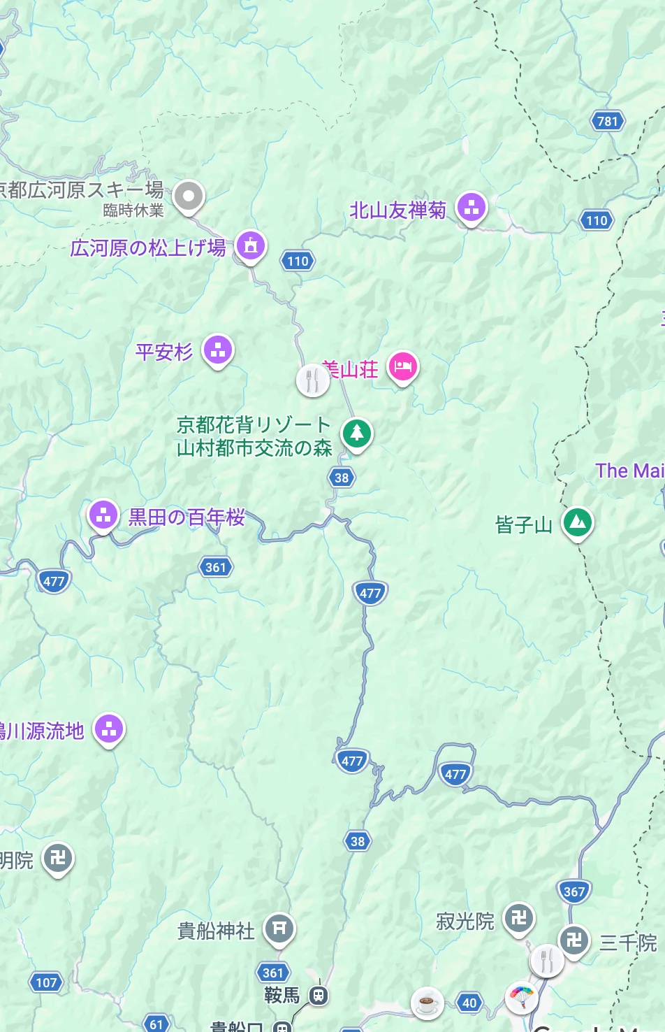 京都市街から久多・巛日へのアクセスマップ